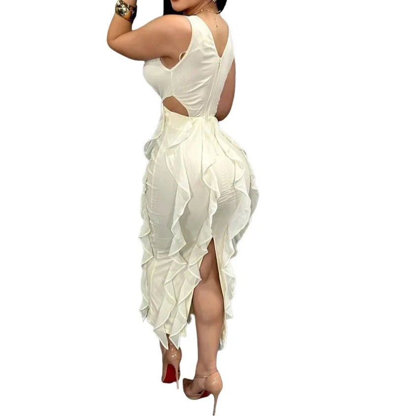 Wedding Guest Dress Women Sleeveless V-neck Ruffle Bodycon Midi Dress Birthday Outfit