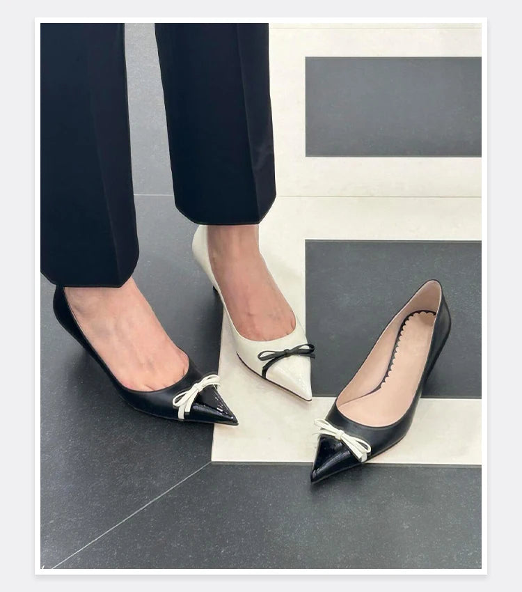 Butterfly Knot Color Blocked Shoes for Women Pointed Shallow Mouth Slim Heel High Heels