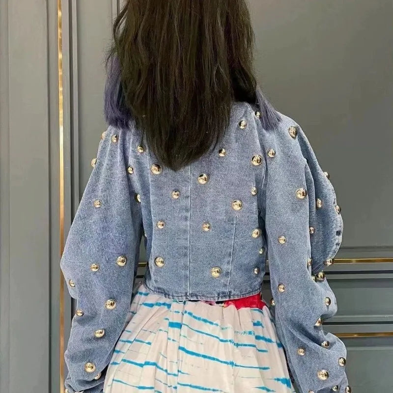 Women Rivets Long Lantern Sleeve Denim Coat Short Pearls Top Bomber Jacket Cowboy Jacket