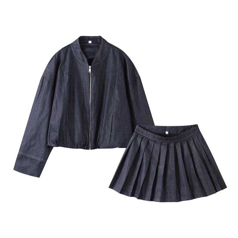 Denim Jacket Mini Skirt Women 2 Piece Set Stand Collar Zipper Long Sleeve Pocket Coat A-line Skirts