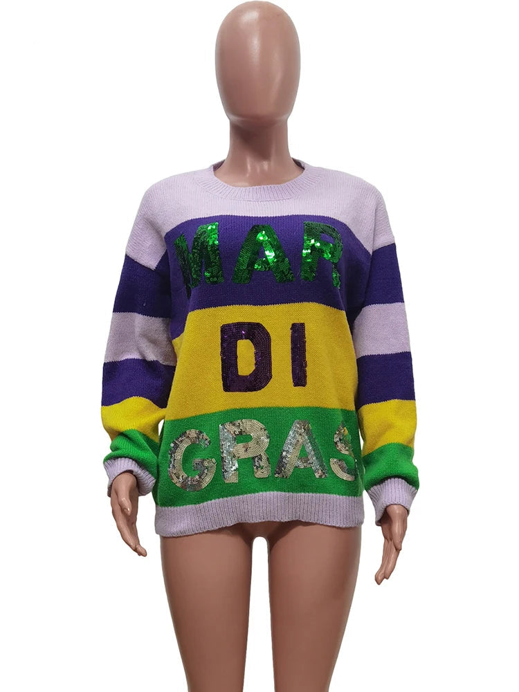 Elegant Sequin Letter Color Block Sweaters Women Loose Fit O Neck Knit Pullover
