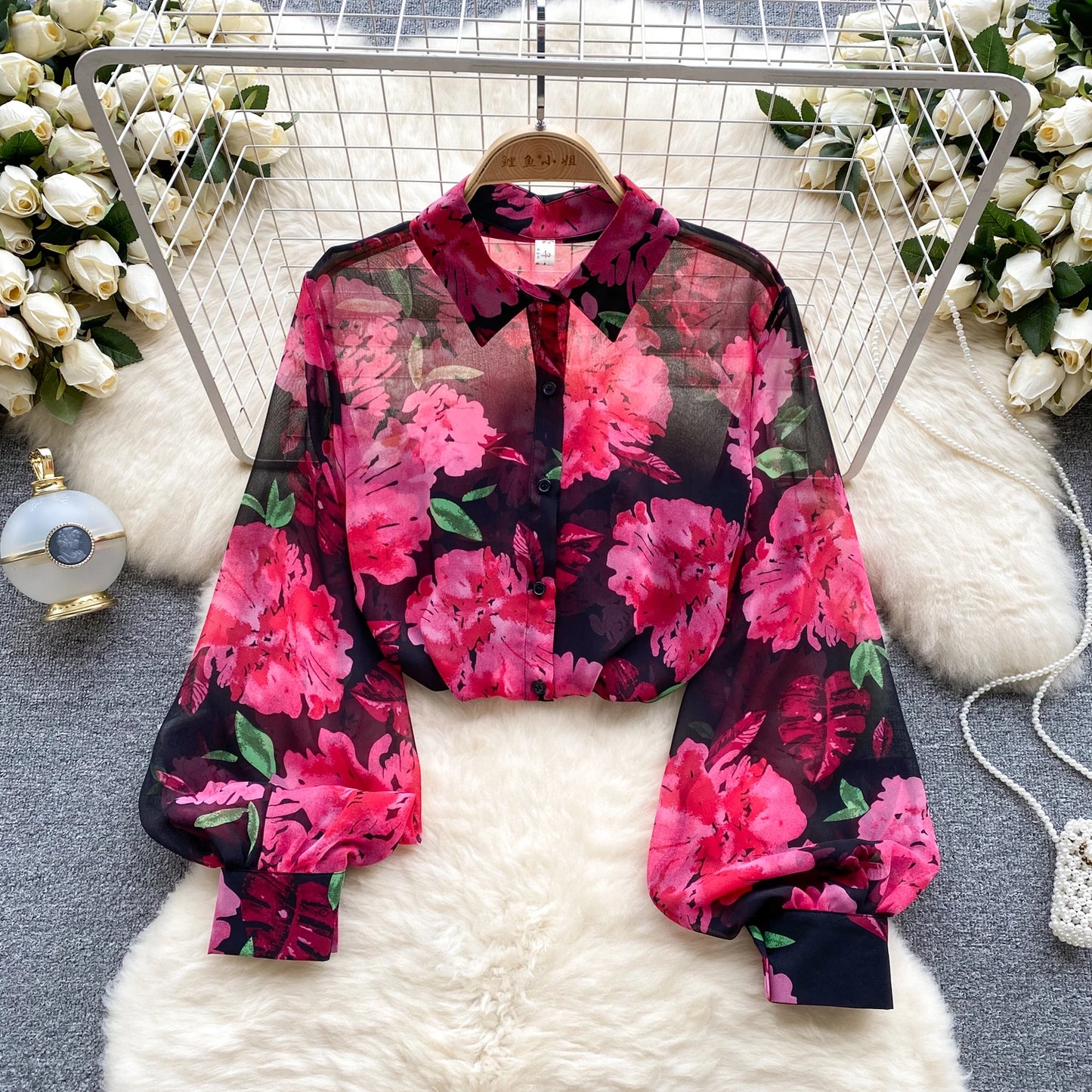 Floral Print Women Shirt Summer Lantern Sleeve Retro French Loose Blouse