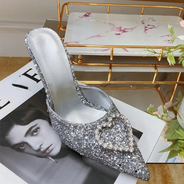Shallow Mouth High-heeled Women's Shoes Love Rhinestone Shining Thin Heel Pump Slippers