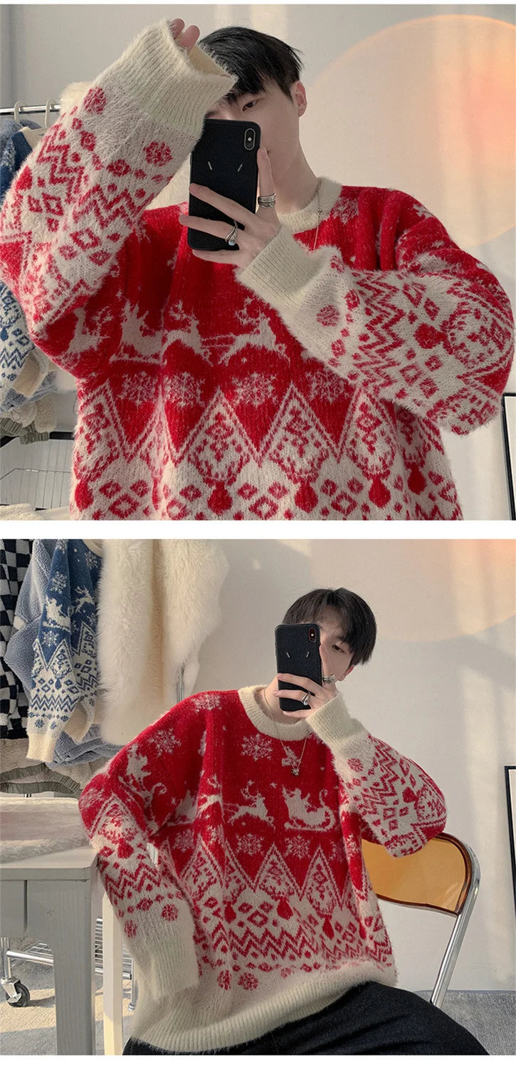 High Quality Plush Knitted Christmas Red Pullover Oversized Couple Sweater