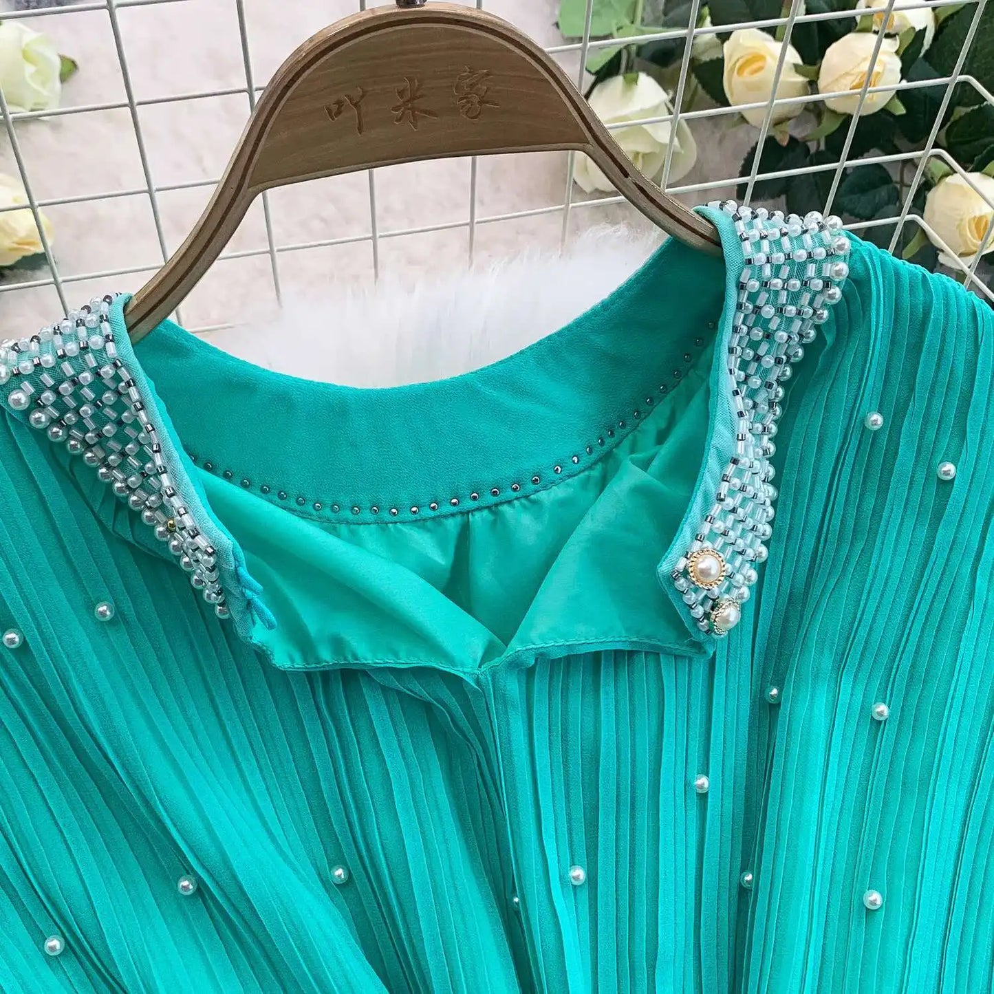 Summer Luxury Pearls Long Chiffon Dress For Women Loose Big Size Short Sleeve Crystal Birthday Evening Midi Pleated Dresses
