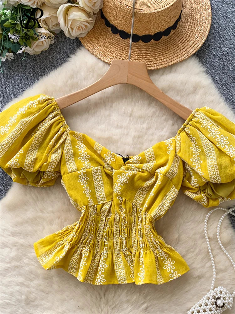 Jacquard Blouse Square Collar Puff Sleeves Elastic Slim Crop