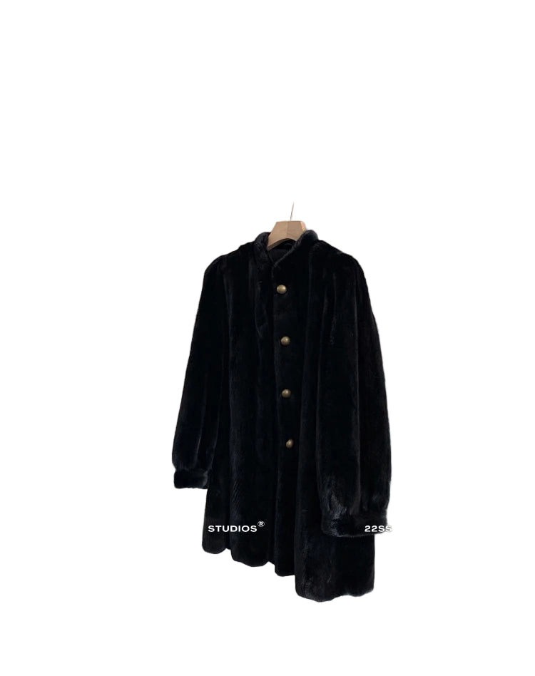 Brown Thick Warm Soft Faux Mink Fur Coat Women Puff Sleeve Stand Collar Fluffy Jacket