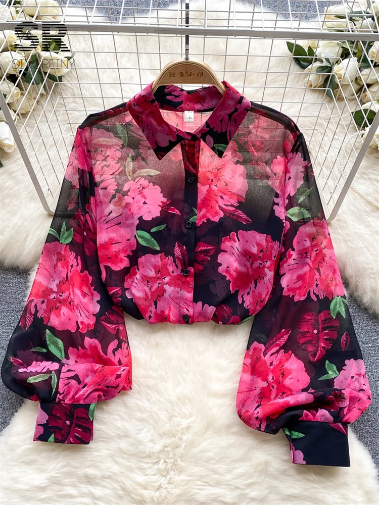 Floral Print Women Shirt Summer Lantern Sleeve Retro French Loose Blouse