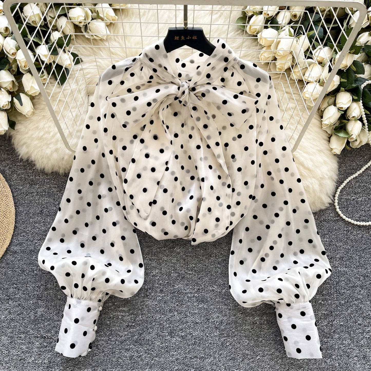 Vintage Polka Dot Tops Puff Sleeve Bow Lace Up Design Blouse
