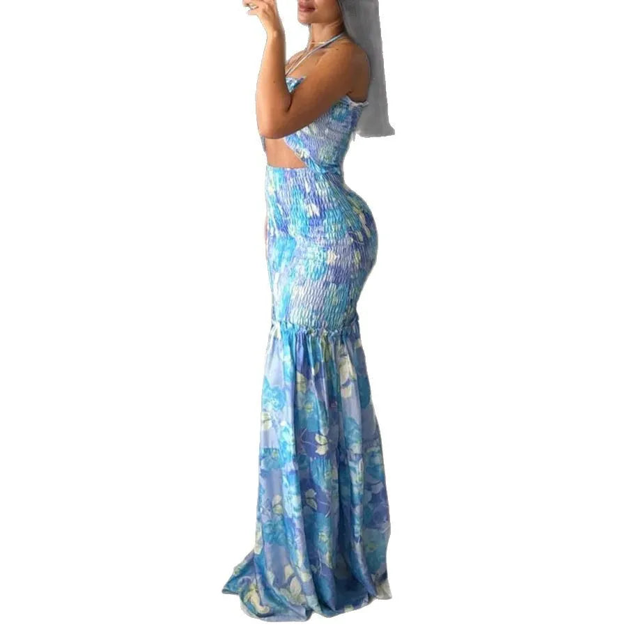 High Waist Hollow Dress Women Lace-Off Printed Sling Long Floor Maxi Dress