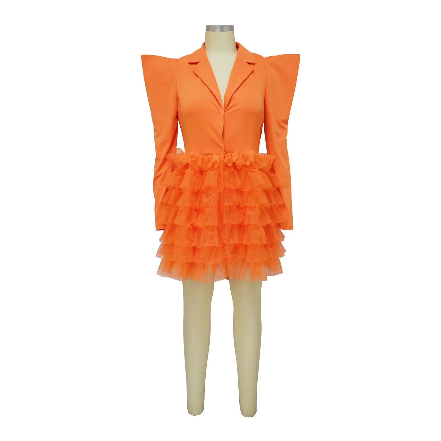 Mesh Paneling Solid Right Shoulders Long Sleeves Cake Dress For Women