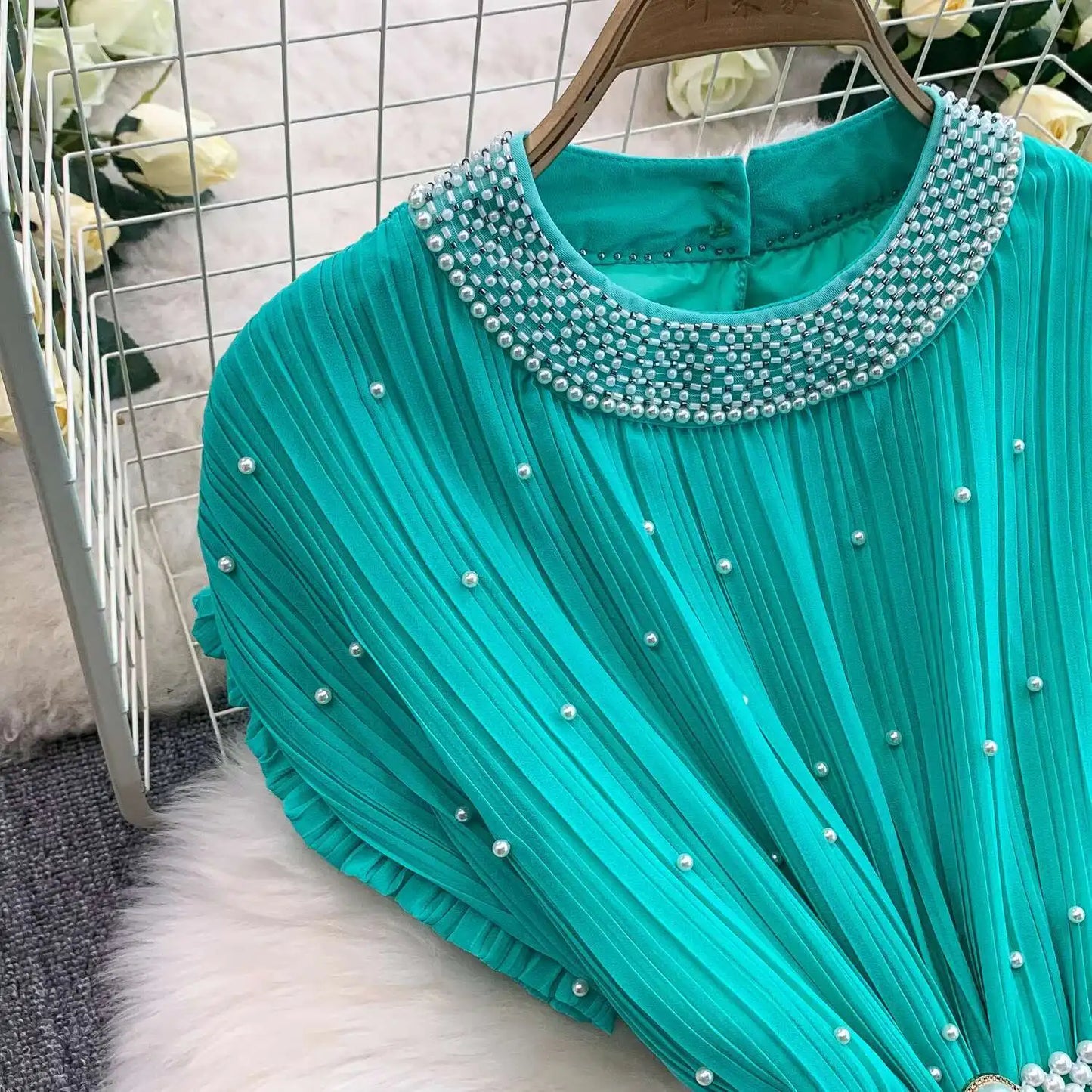 Summer Luxury Pearls Long Chiffon Dress For Women Loose Big Size Short Sleeve Crystal Birthday Evening Midi Pleated Dresses