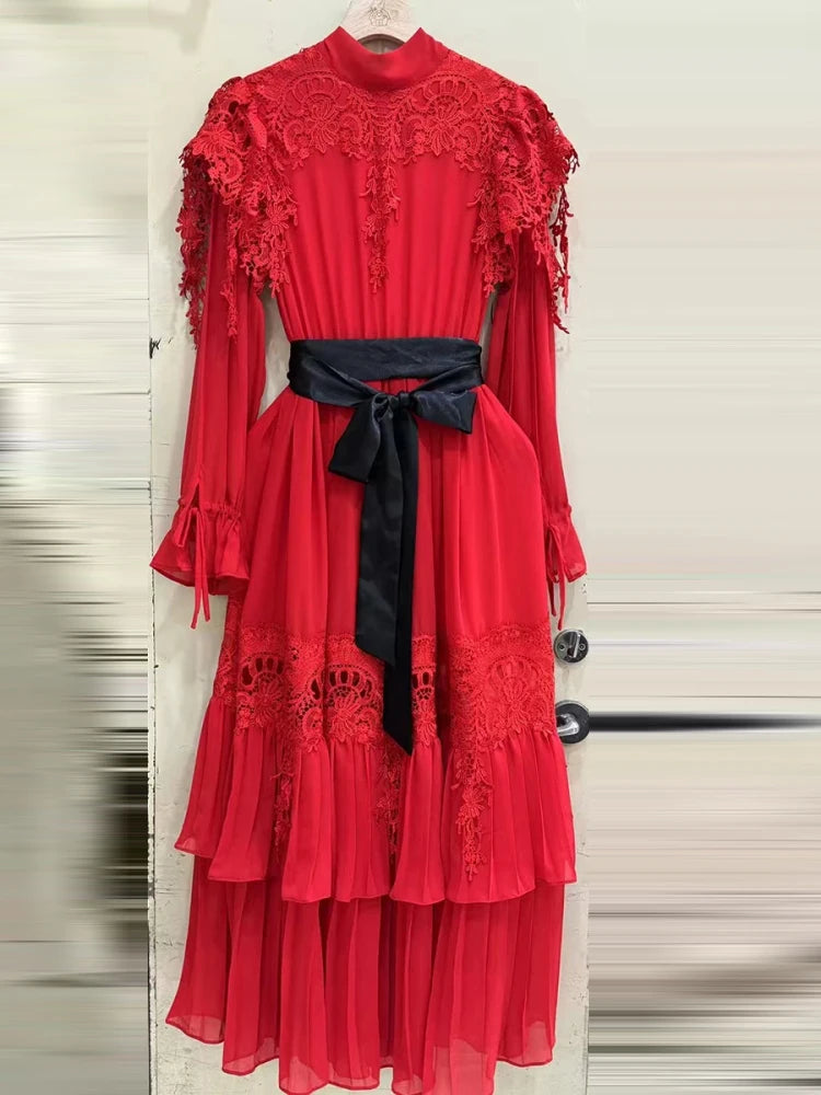 Sexy Long Sleeves Lace Patchwork Maxi Dress Women Red O Neck Folds A-line Cocktail Gown
