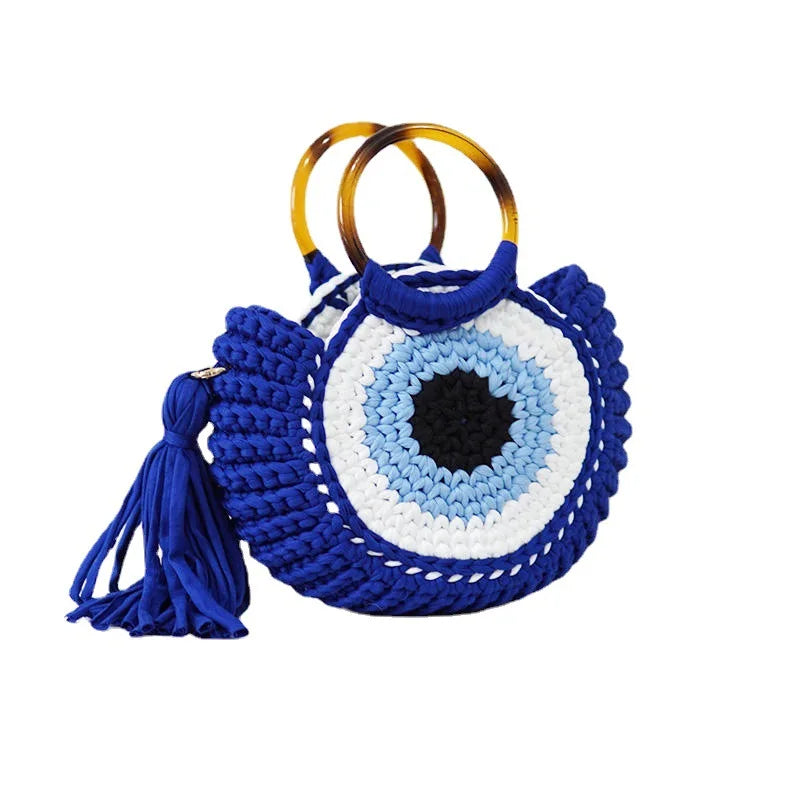 Rope Crochet Handbags Tassel Tote Round Handle Clutch Yarn Beach Bags for Women