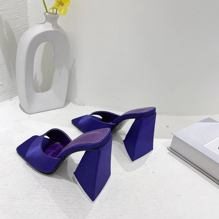 Silk Triangle Square Heels Heel Woman Slippers Sexy Street Party Square Toe Heels