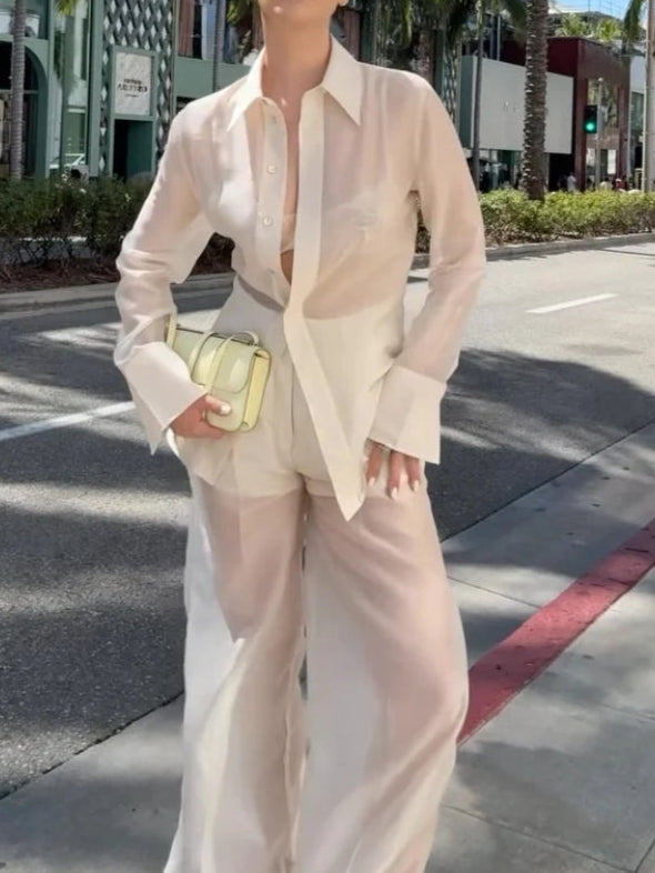 Sexy See Through Silk Set Women Elegant Blazer Coat Loose Shirt Wide-leg Pants