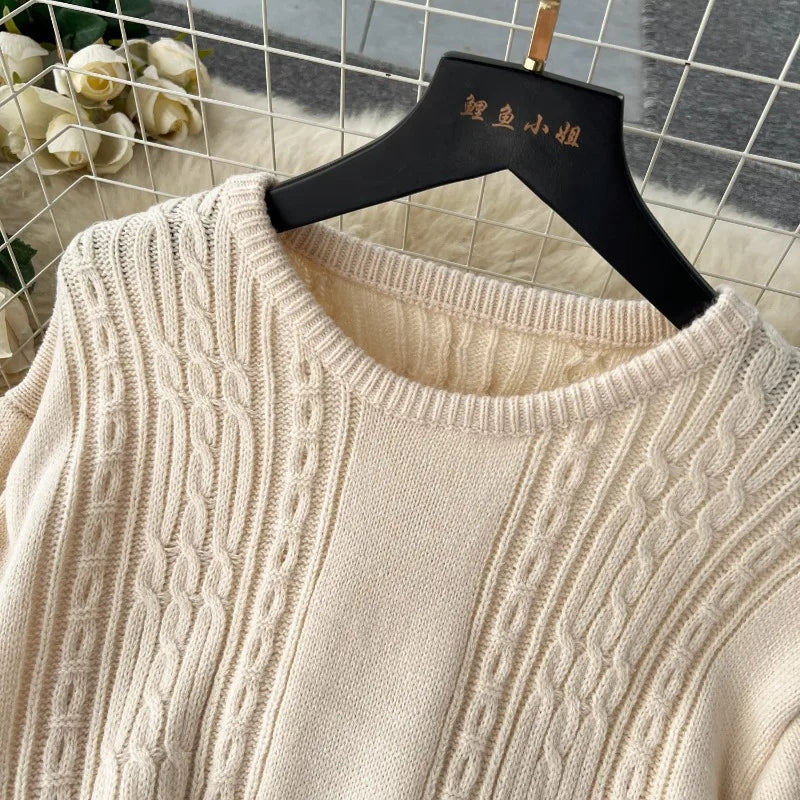 Lazy Style Round Neck Waist Wrapped Slim Mid Length Bubble Sleeve Knitted Dress