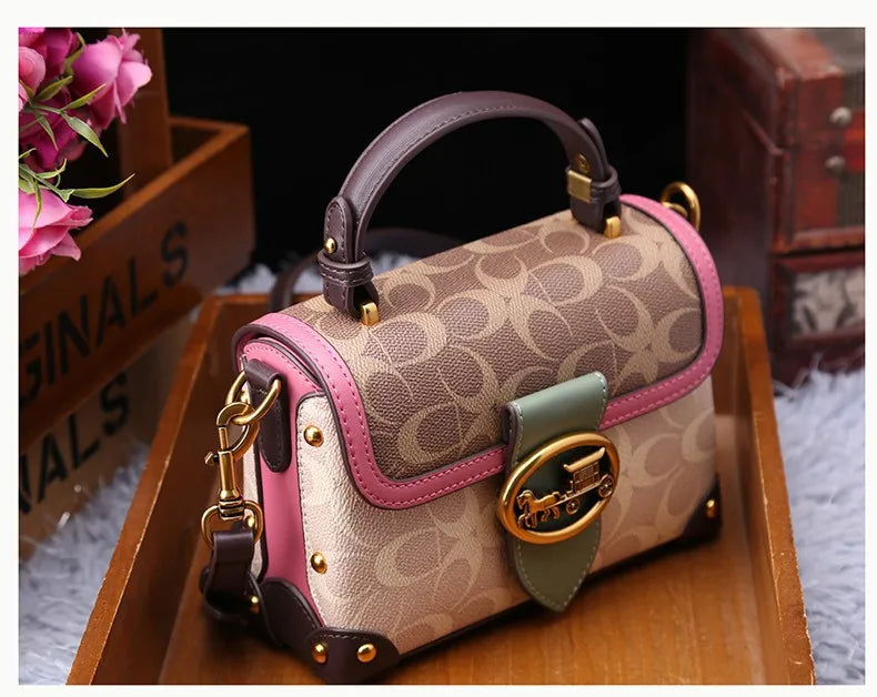 contrasting color women's bag, high-end carriage crossbody bag, portable box bag