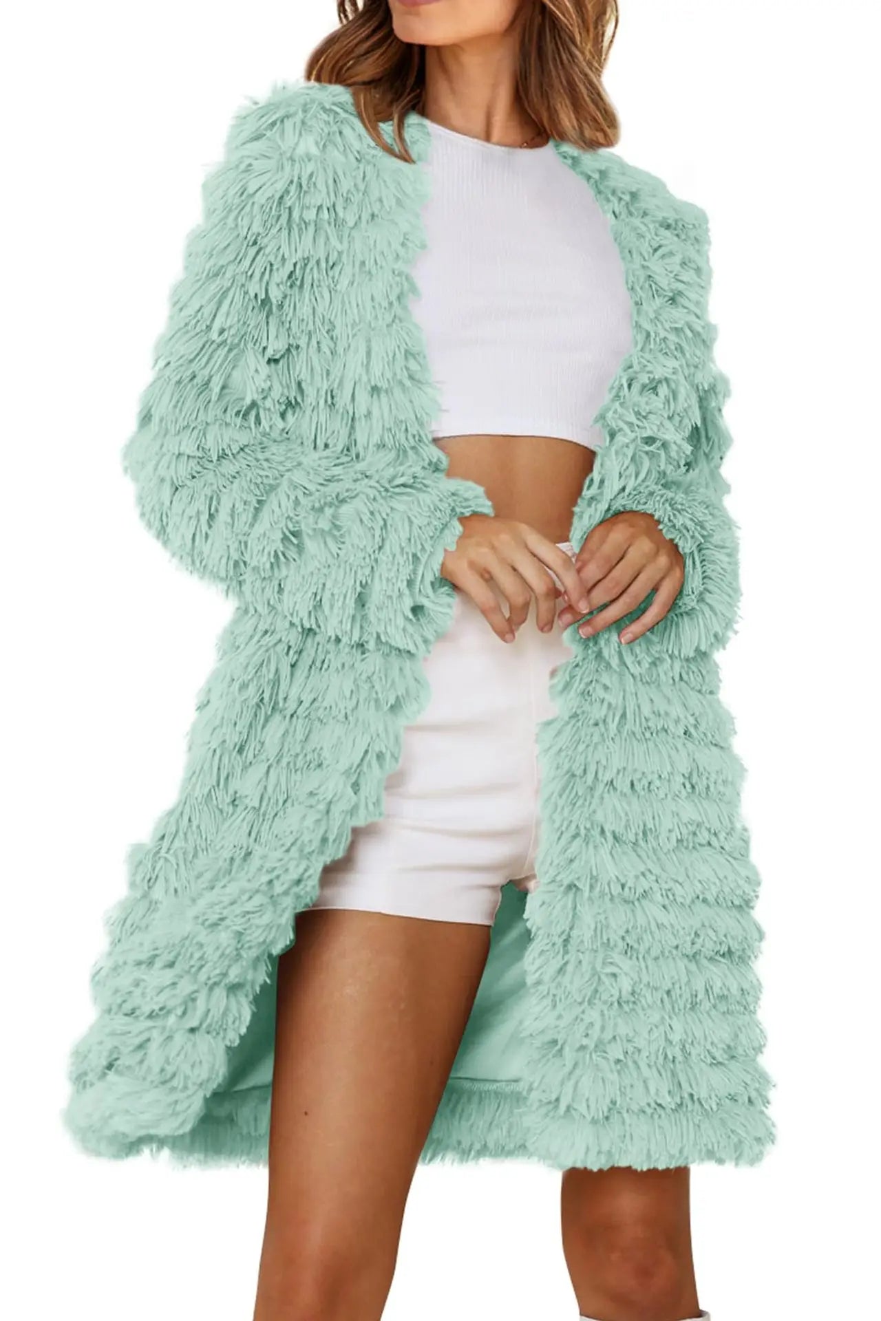 Long Sleeve Faux Fur Jackets Open Front Long Cardigan Coat Outerwear
