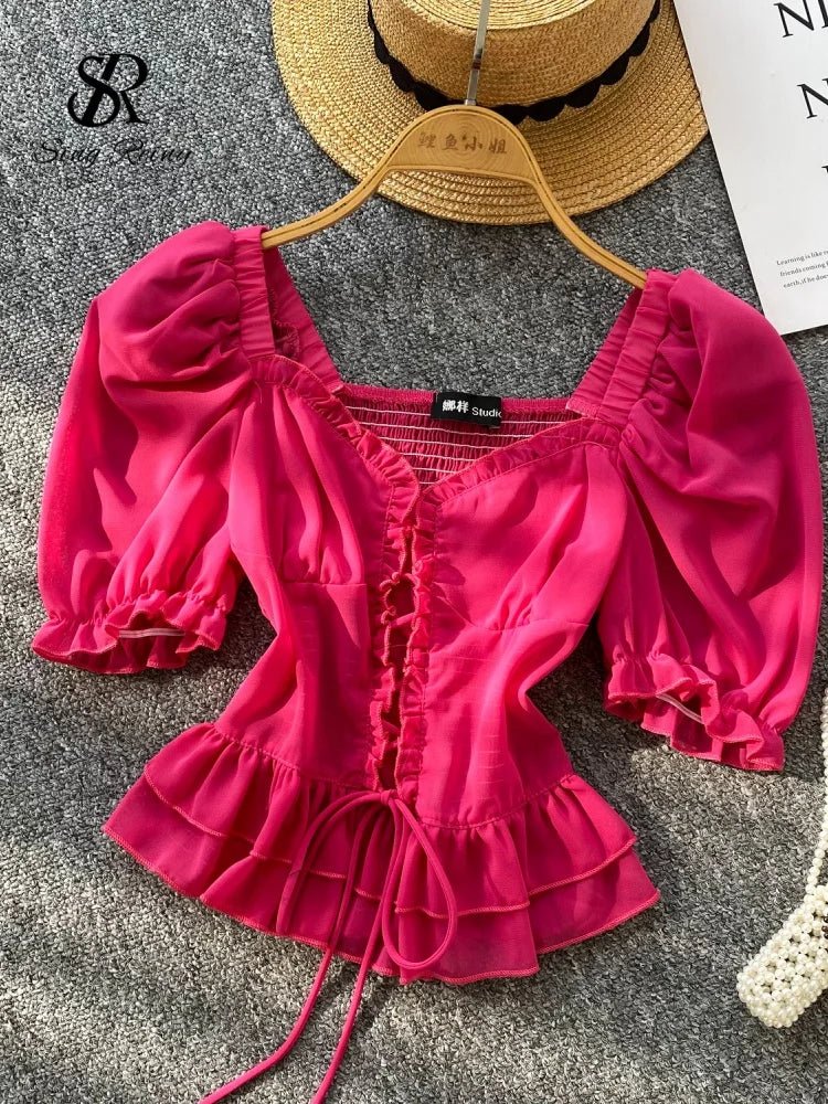 French Style Chiffon Blouse Square Neck Short Sleeves Ruffles Lace Up Beach Top