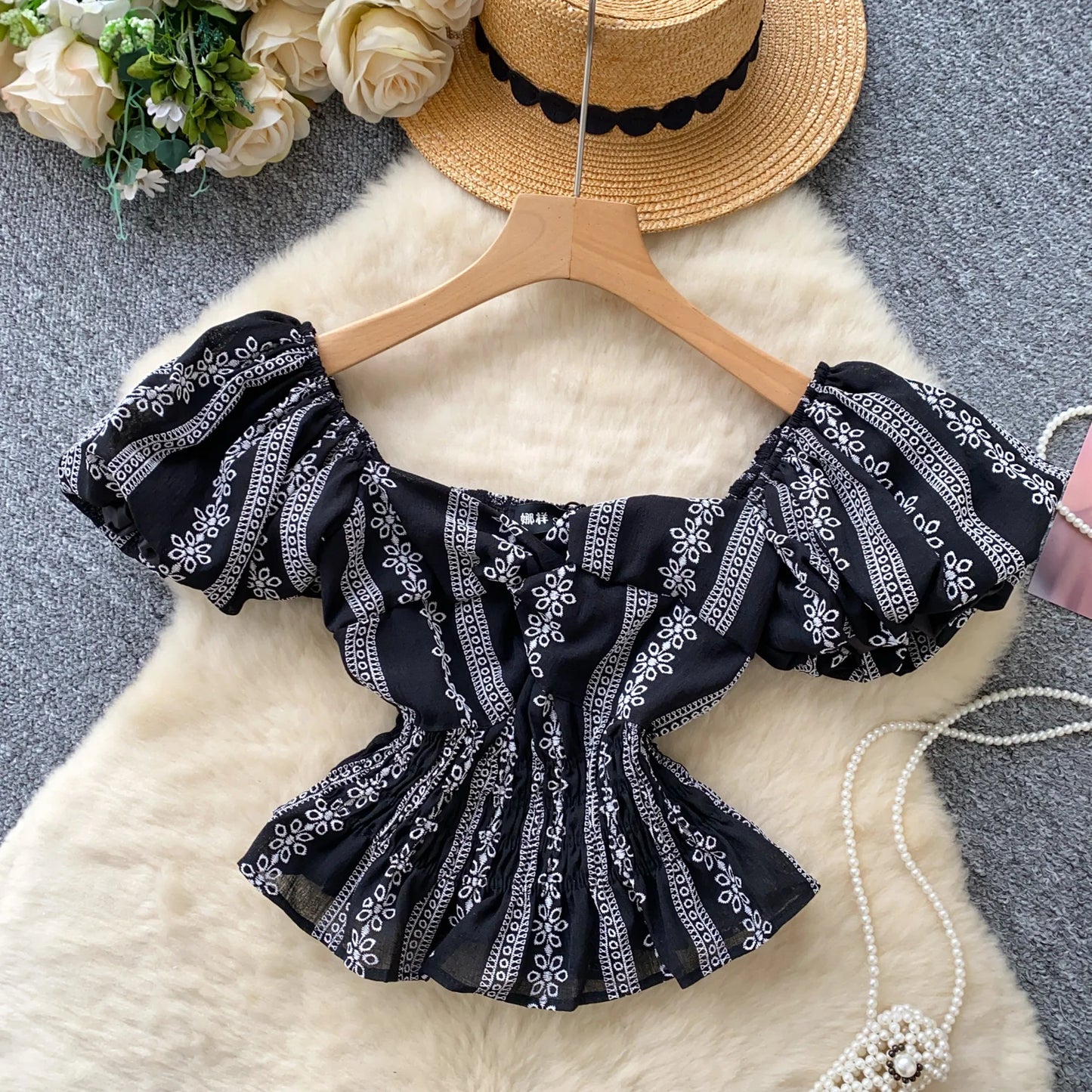 Jacquard Blouse Square Collar Puff Sleeves Elastic Slim Crop