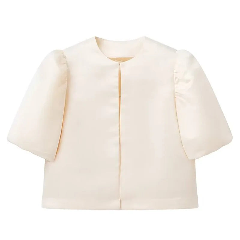 Solid Satin Women's Blouse Top With Pouf Balloon Sleeve O Neck Loose Blouses