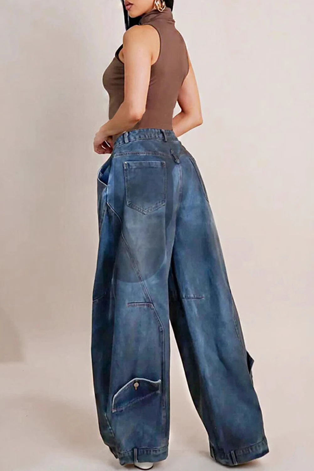 Women Loose Denim Jeans Pants Asymmetric Button Pocket Washed Jeans for Women
