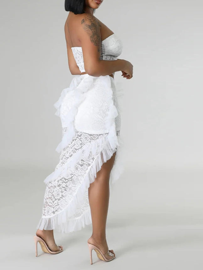 Two 2 Piece Sets for Women White Lace See Through Sleeveless Strapless Top and Ruffles Long Skirt Set