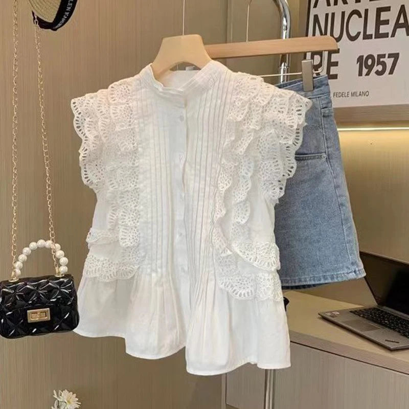 Flying Sleeve White Shirts Vintage Sleeveless Ruffled Lace Blouse for Woman