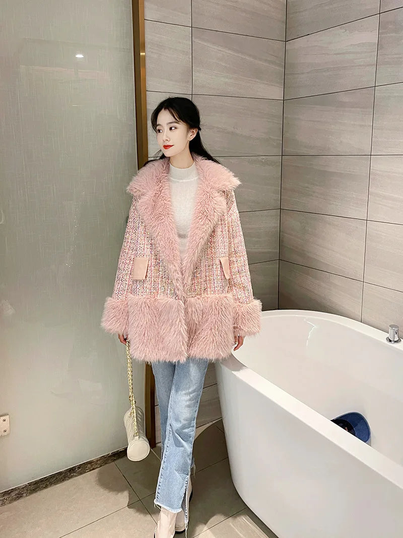 Glitter Coarse Wool Blended Fur Coat Long Sleeve Loose Coat