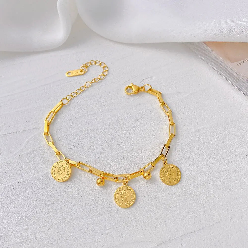 Women 1pcs Gold-color Stainless Steel Round Sign Portrait Pendant Bracelet