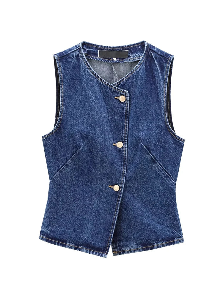 Women's Short Vest Blue Denim Vest Top Casual Cropped Sleeveless Top
