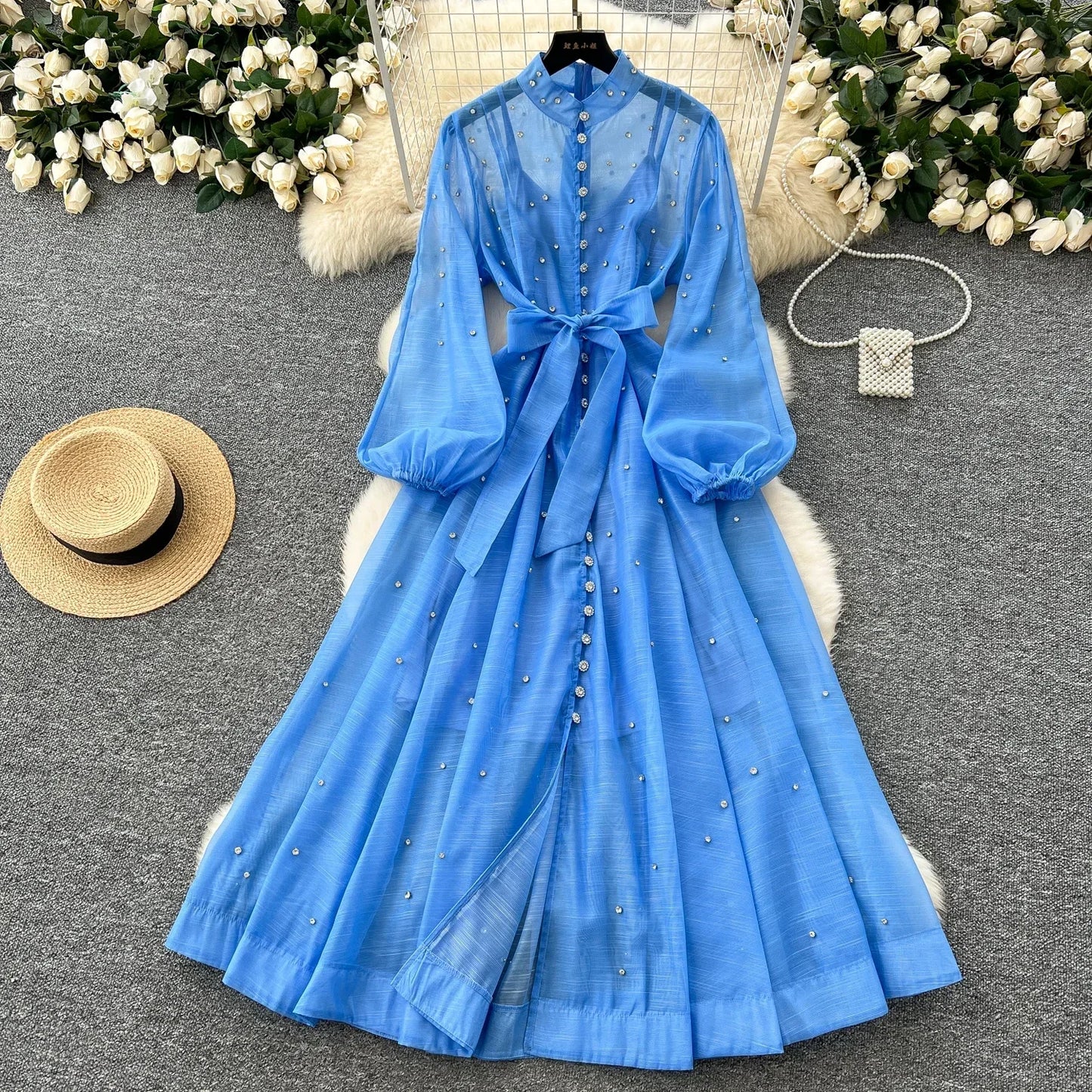 Elegant Lantern Sleeves Vintage Stand Collar Chic Single Breasted Rhinestone Bandage Slim High Street Long Dresses