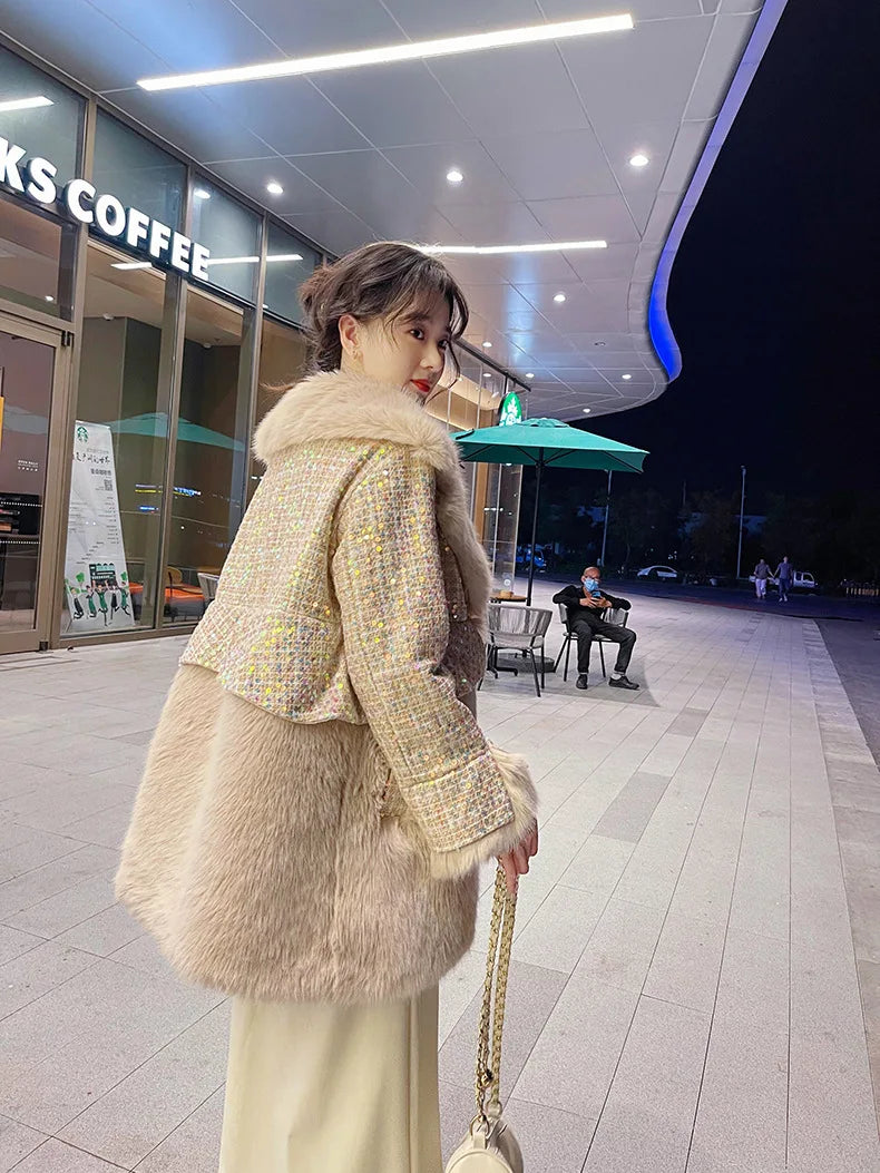 Winter Fur Coat Women Luxury Sequined Wool Faux Fur Long Jacket Fluffy Overcoat