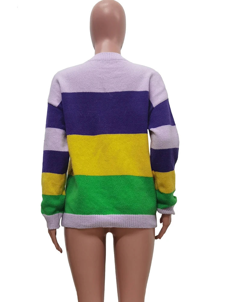 Elegant Sequin Letter Color Block Sweaters Women Loose Fit O Neck Knit Pullover