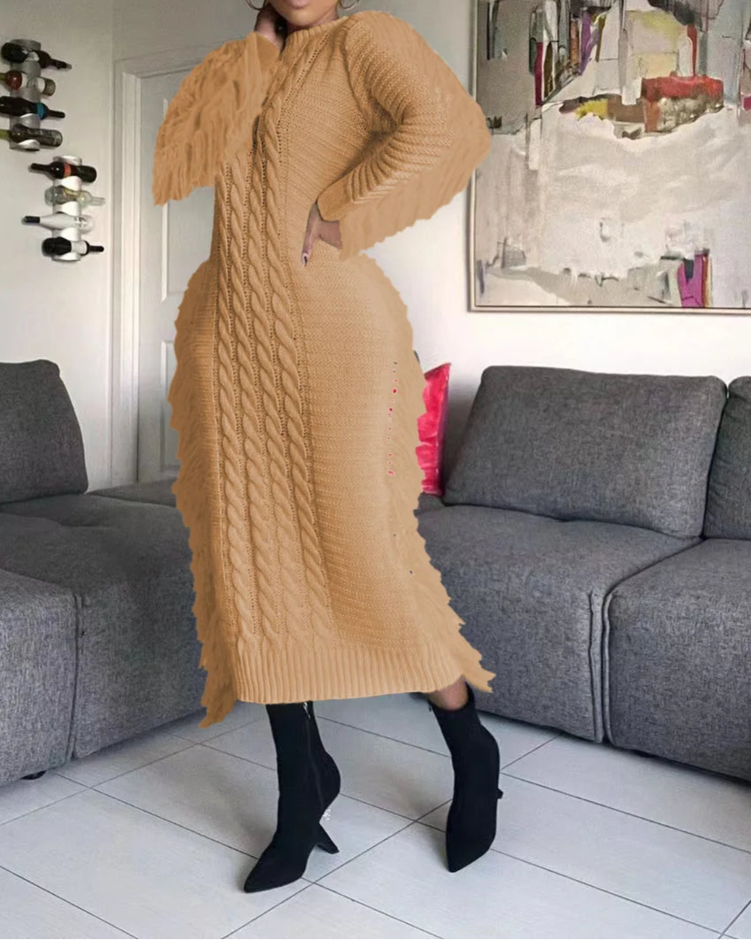 Women Long Sleeve Tassel Bodycon Midi Knit Dress O-neck Sweater Dress