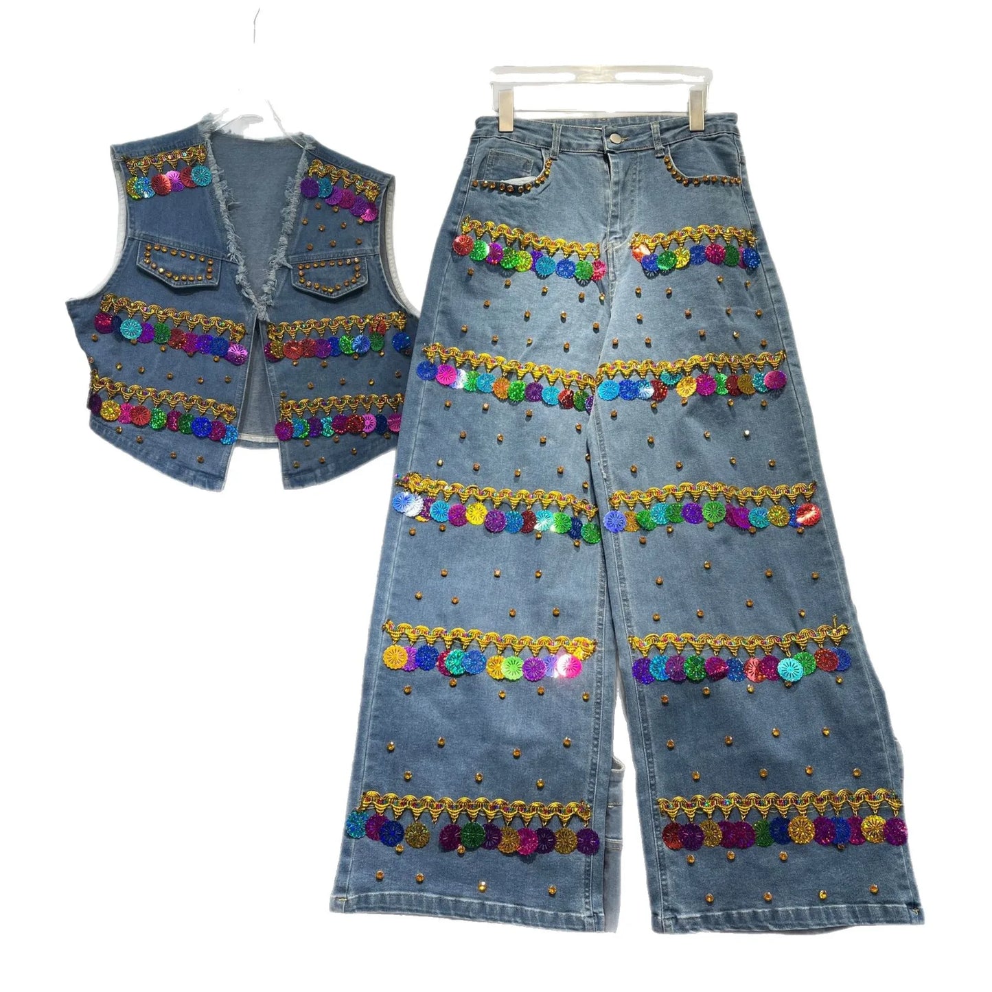 Sequined Denim Rhinestones Jeans Sleeveless Cowboy Vest + Jeans Pants