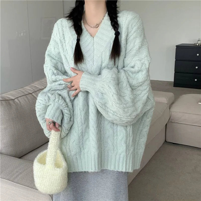 Harajuku Women Sweater Cute Oversized Knitted Pullover V Neck Sweater