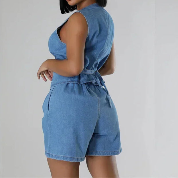 Summer V Neck Sleeveless Waistcoats Women Two Piece Sets Straight Denim Shorts Female Suits