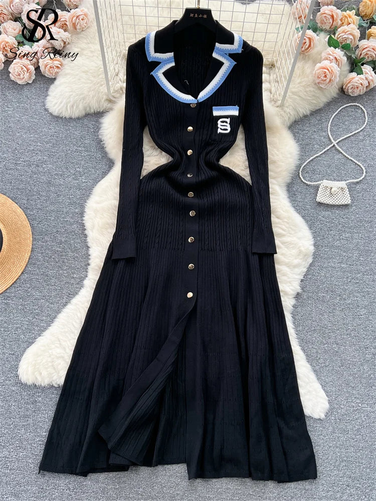 Women Polo Dress Single Breasted Pocket Design Bodycon Knitted Dress Sweater Midi Dress