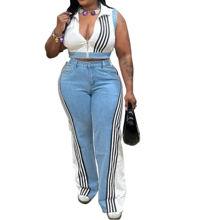 Women's 2 Pieces Sets 2025 Spring Summer Denim Sleeveless Suit Tops And Wide Leg Pants Suits Two Piece Set