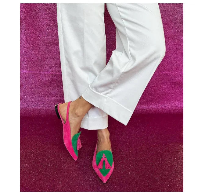 Color Block Women's Flat Shoes Pointed Tassel Low Heel Back Air Sandals