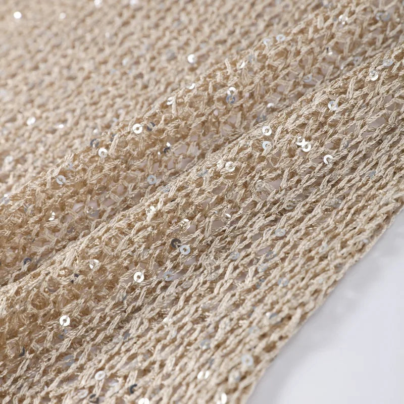 Sequins Hollow Out Pullovers Women Loose O-neck Long Sleeve Knit Sweaters