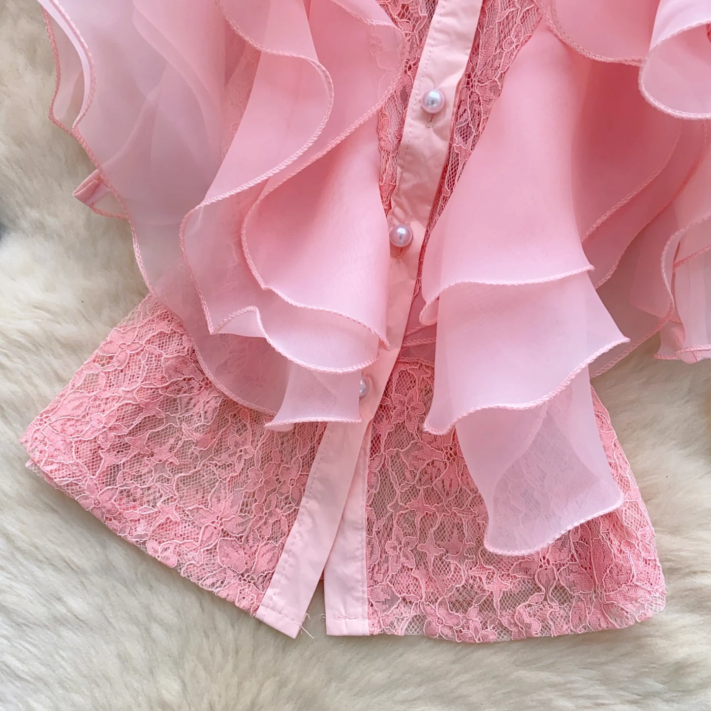 Ruffle Blouses Women French Style Single Breasted Lace Patchwork Shirt Summer Top