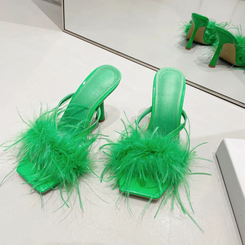 Fur Feather High Heels Slippers Sandals Women Summer Mules Ladies Shoes