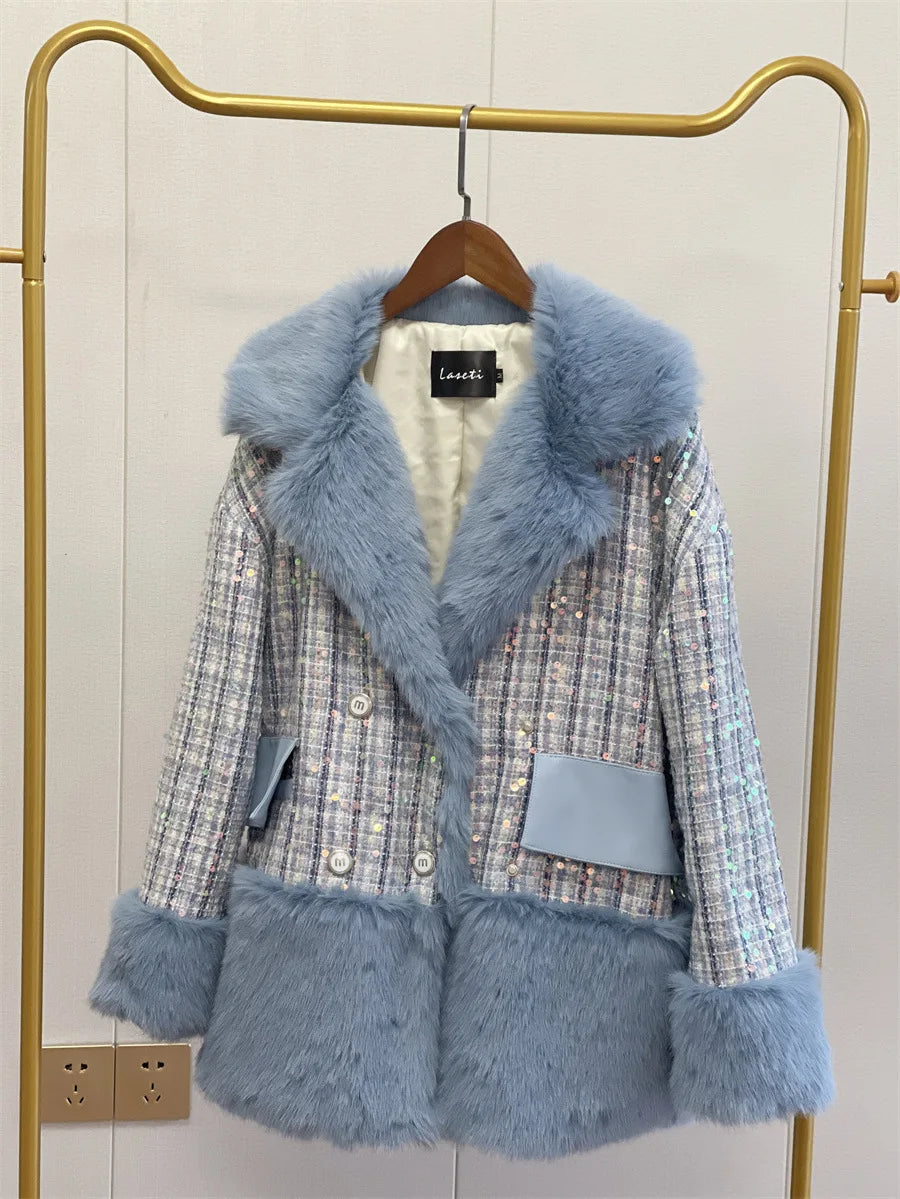 Glitter Coarse Wool Blended Fur Coat Long Sleeve Loose Coat