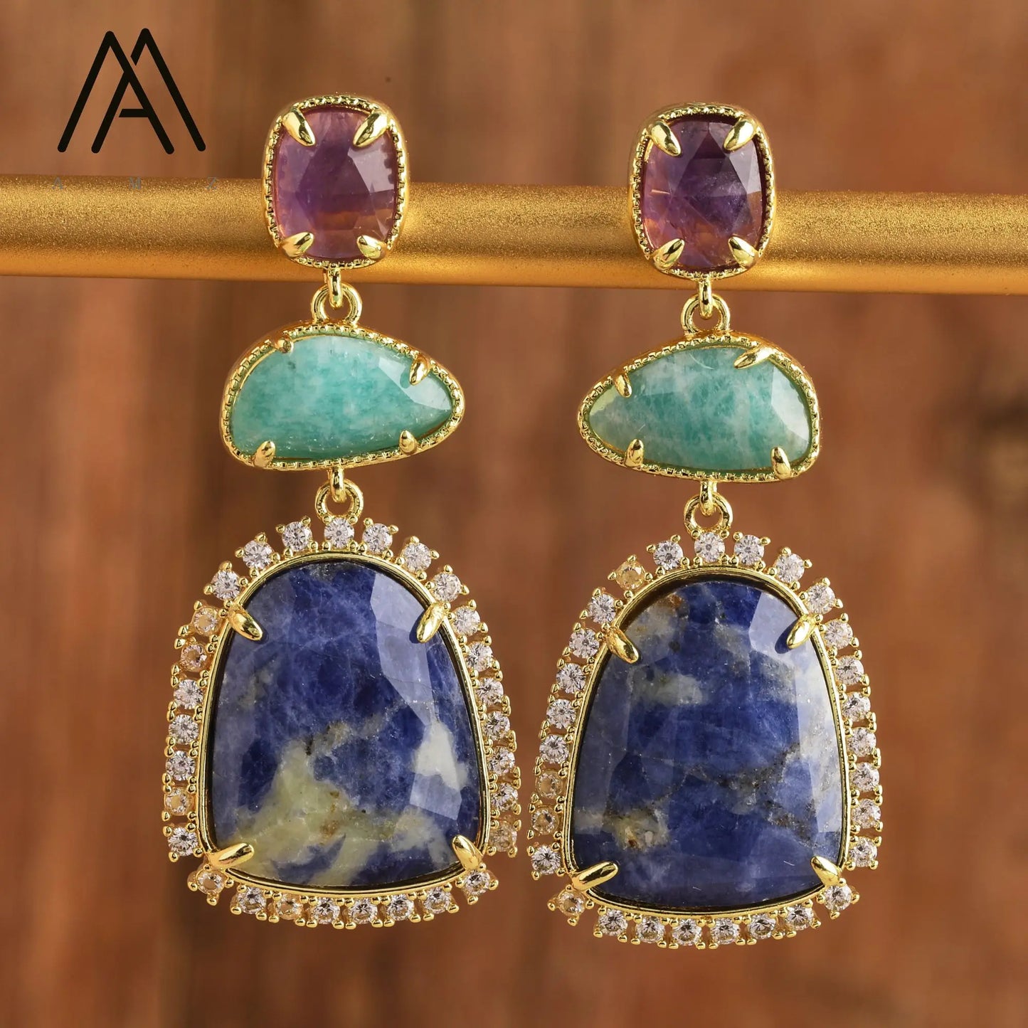 Luxury Crystal Earrings Wedding Jewelry Healing Natural Gemstone Amethysts Amazonite Labradorite Stud Earring Gift to Women