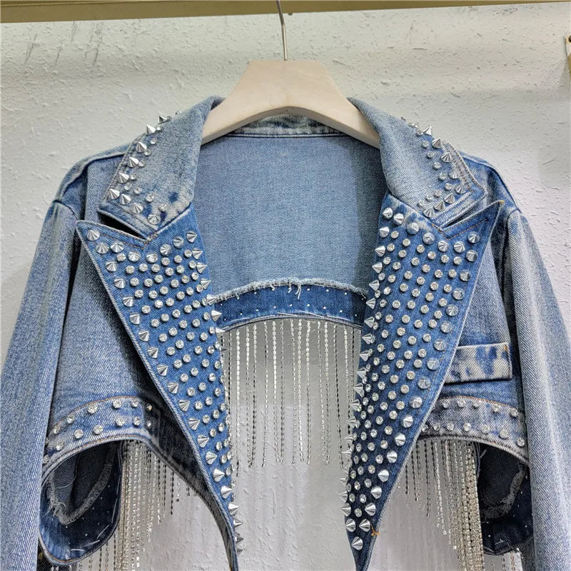 Diamonds Beaded Tassels Rivets Denim Jacket Retro High Waisted Crystal Fringed Backless Jeans Cowboy Coat