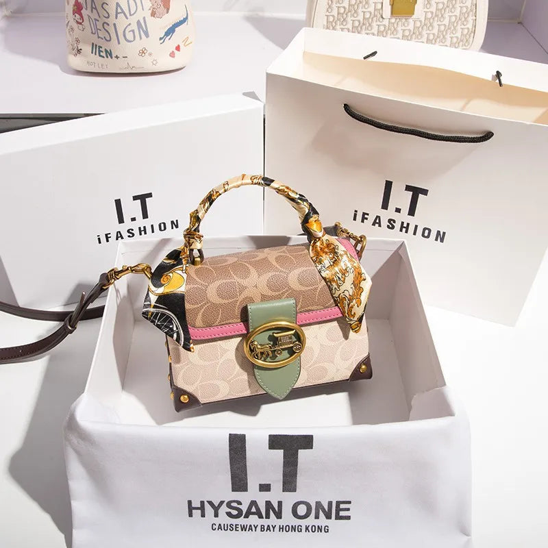 contrasting color women's bag, high-end carriage crossbody bag, portable box bag