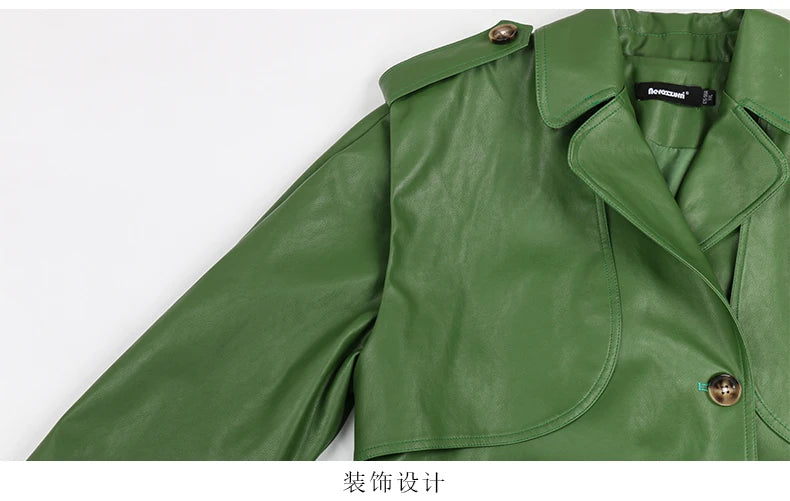 Long Green Pu Leather Trench Coat for Women with Back Slit Sashes Single Breasted